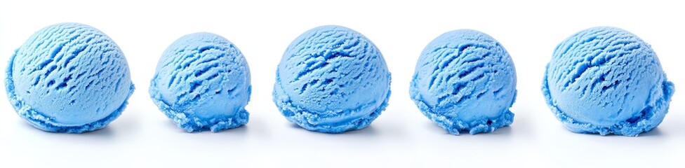 Four scoops of light blue ice cream in a row on white background.