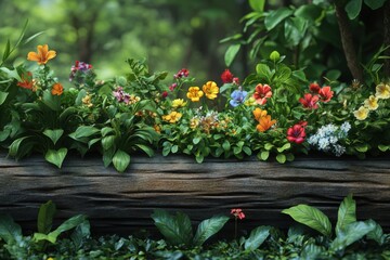 Fototapeta premium Enchanting Decorative Garden Border Showcasing Vibrant Spring Flowers in Lush Greens, a Stunning Display of Seasonal Growth and Outdoor Appeal Perfect for Landscaping Inspiration, this image features