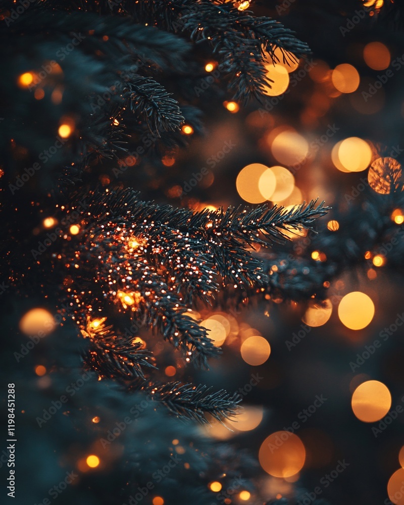 Poster close-up of illuminated pine tree branches with warm bokeh lights.