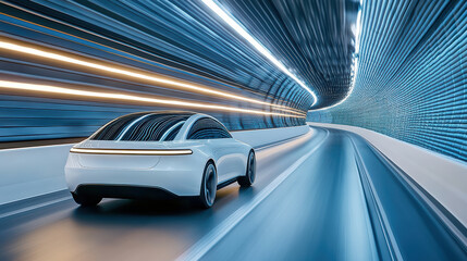 Obraz premium Futuristic car speeding through high tech tunnel with glowing lights