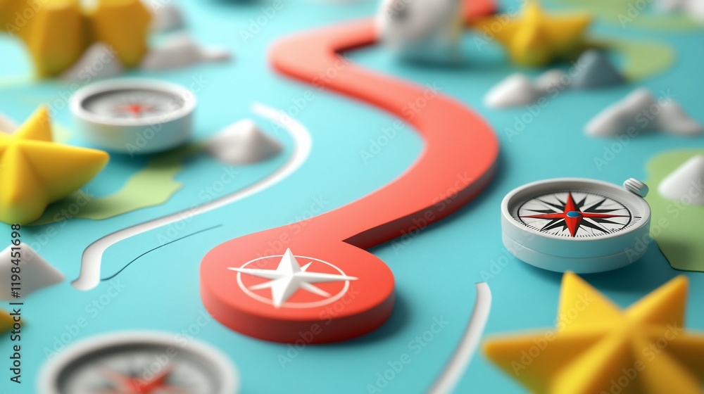 Poster red path winding through a stylized map with compasses and stars.
