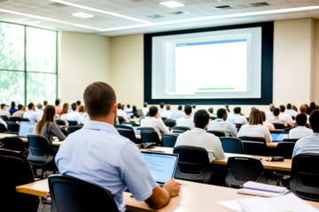 Fototapeta premium A group of professionals attentively watching a presentation in a large conference room, with a focus on the speaker and screen.