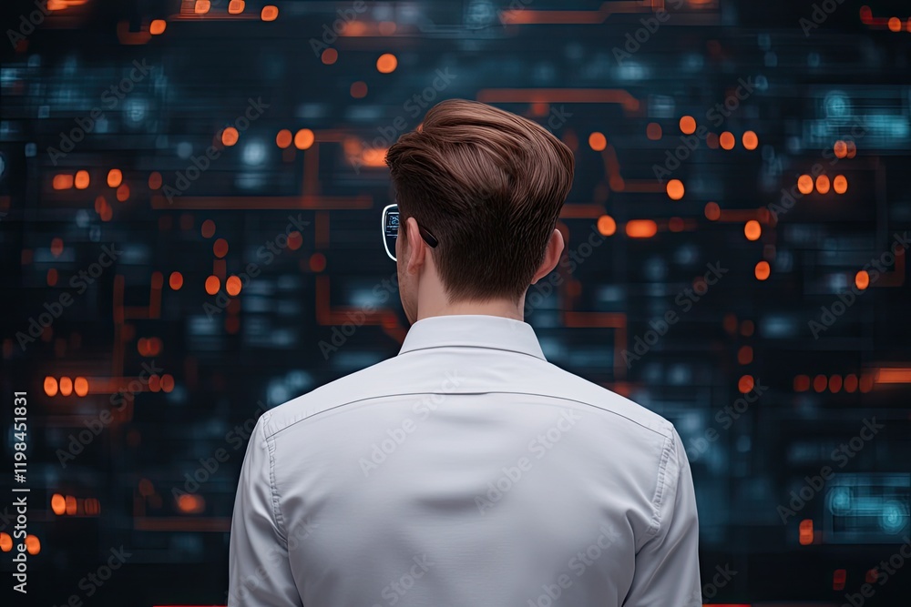 Poster a person in a white shirt stands in front of a digital interface filled with glowing data and circui
