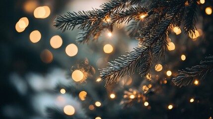 Close-up of frosted pine branch with warm fairy lights and bokeh.
