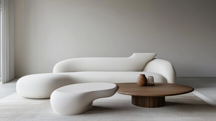 A modern, minimalist living room with a white sofa and a simple coffee table.