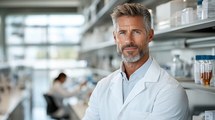 Obraz premium Experienced man in lab coat at research facility, showcasing expertise and confidence