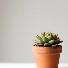 A succulent plant in a terracotta pot against a neutral background.