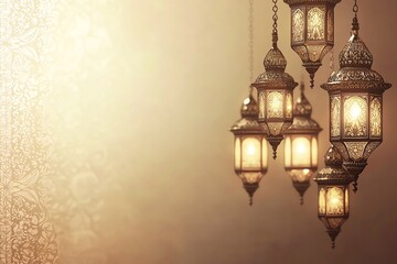background featuring a glowing crescent moon and an ornate Islamic lantern on the left side, with intricate arabesque patterns in the foreground. The scene is rich in golden and teal tones