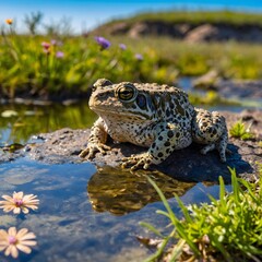 Obraz premium Nature’s Glow: Natter jack Toad in a Bright Habitat by Shimmering Pond