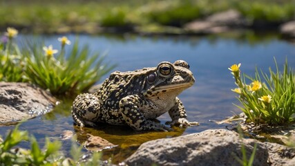 Obraz premium Serene Reflections: Natter jack Toad in Vibrant Habitat by Sparkling Pond