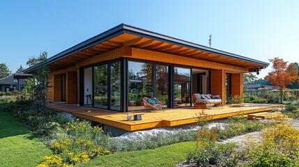 Modern wooden house with large windows surrounded by vibrant garden and clear blue sky