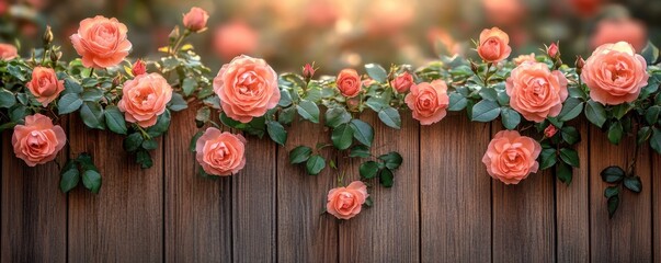 Romantic Cottage Garden Aesthetic Peach Climbing Roses in Full Bloom Draped Over a Rustic Wooden Trellis, Seasonal Growth and Charming Floral Display Perfect for Spring and Summer Garden Inspiration