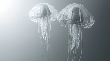 Naklejka premium Two translucent jellyfish float gracefully against a muted background.