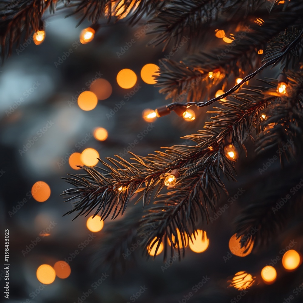 Poster close-up of illuminated pine branch with bokeh lights. (2)