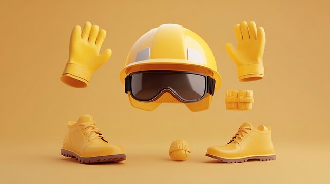 Yellow safety equipment helmet, gloves, goggles, boots, and earplugs, floating on yellow background.