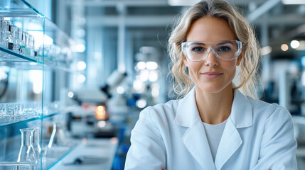 confident woman in lab coat smiles in modern tech lab setting