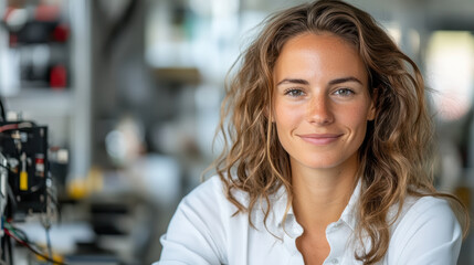 Fototapeta premium woman in tech lab smiling confidently while debugging software