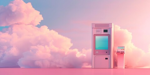 3D representation of a mobile device and an ATM illustration on a pastel background, Generative AI.