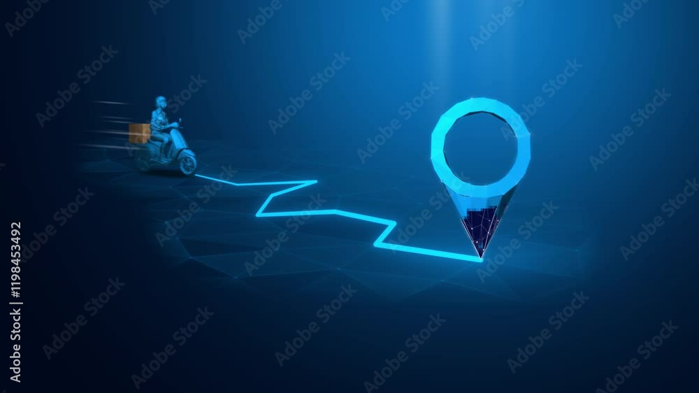 Poster scooter delivery with glowing route and pin map icon - map navigation and logistics concept, looped 