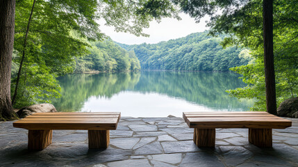 Serene rustic patio with wooden benches overlooking tranquil lake scenery