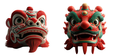 Fototapeta premium Colorful lion dance masks featuring intricate designs, showcasing fierce expressions and vibrant detailing in red and green hues.