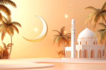 Obraz premium A 3D-style background with a golden crescent moon and palm trees on the left side, against a backdrop of rolling sand dunes. orange colors