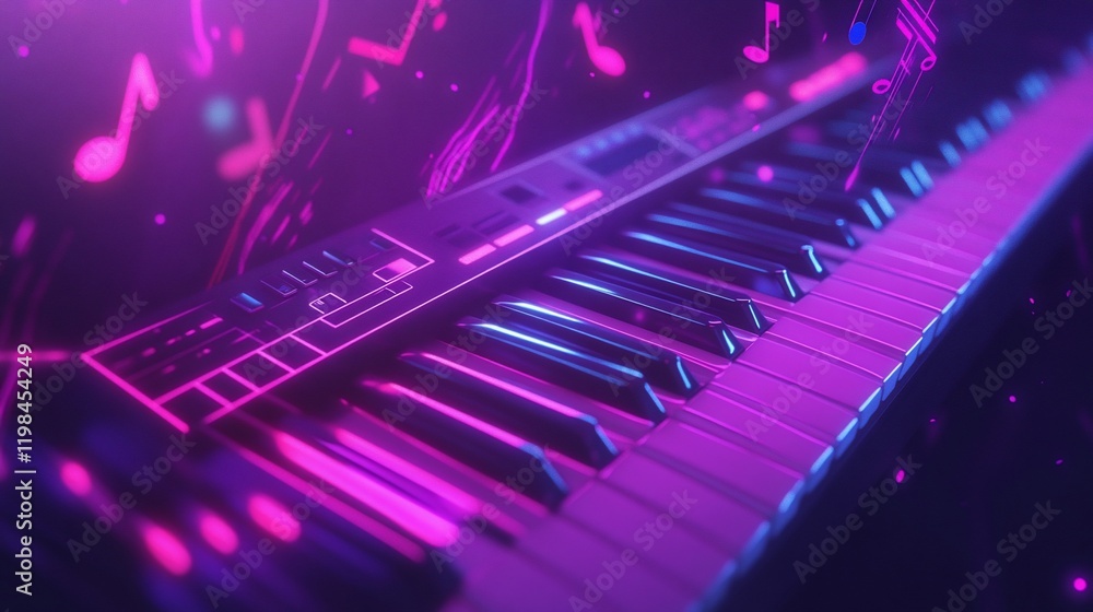 Poster illuminated keyboard with neon notes.