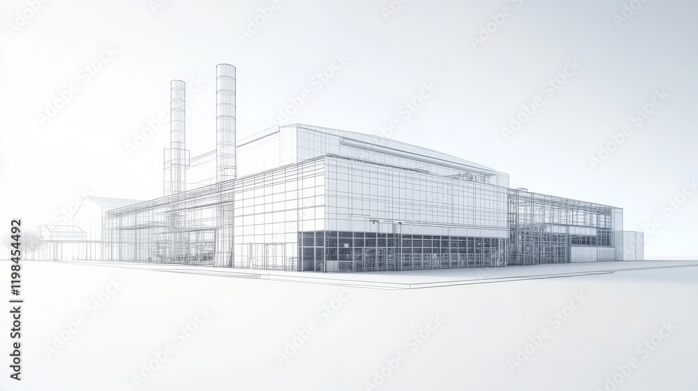 Poster modern industrial building sketch with a minimalist design showcasing structural elements and a clea