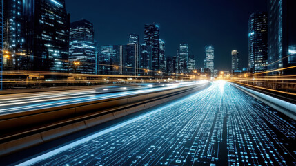 Obraz premium vibrant cityscape at night with illuminated buildings and light trails