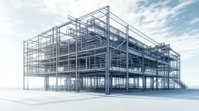 A detailed architectural rendering of a skeletal building structure, showcasing steel frameworks against a cloudy sky.