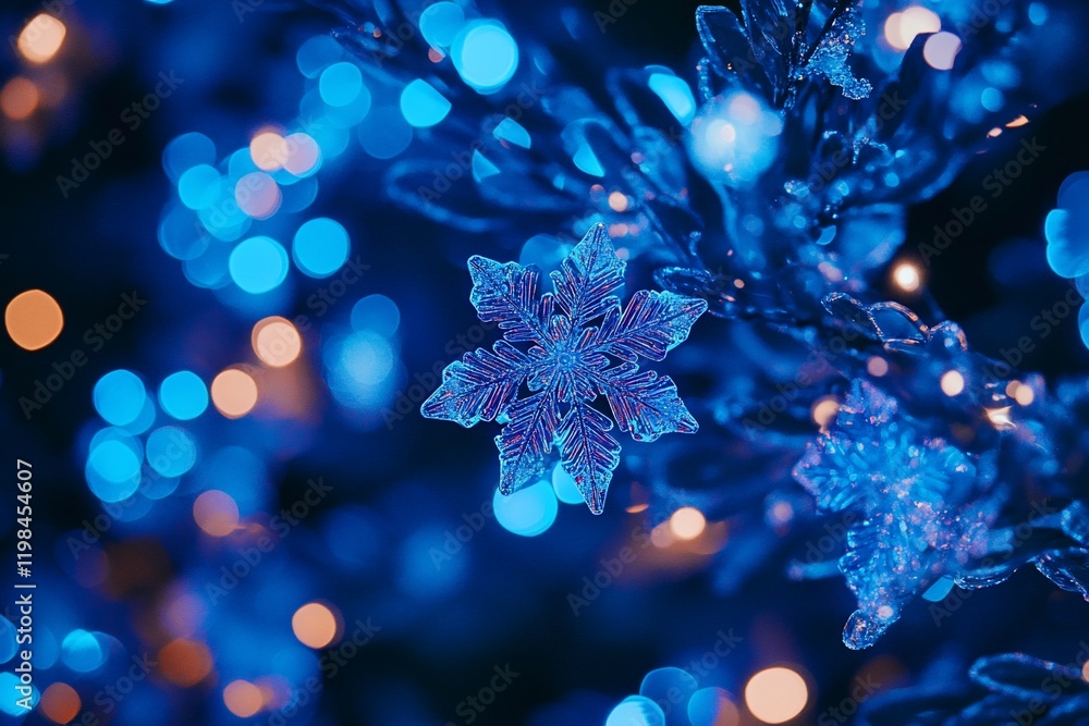 Poster close-up of a delicate ice snowflake on a branch, illuminated by blue and orange bokeh lights.