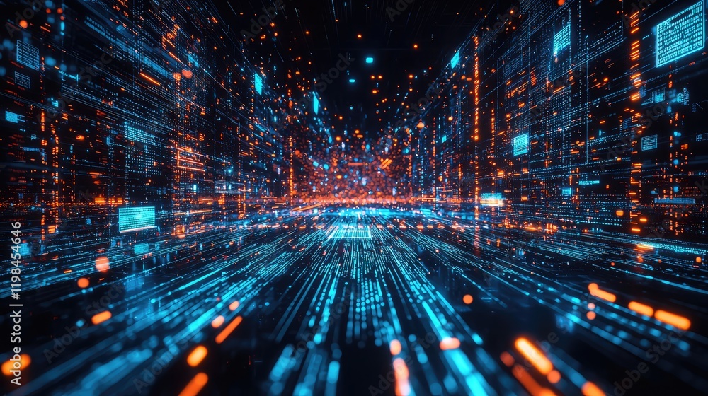 Poster a futuristic digital data stream with blue and orange glowing lights, symbolizing fast data transfer