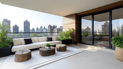 Stylish balcony with small garden and city skyline view, perfect for relaxation