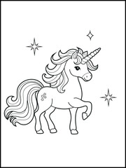 Black and white printable Unicorn coloring pages for kids. Children's coloring books with cute unicorn cartoon character, fun and educational materials for kindergarten.
