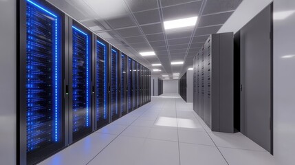 A modern data center with rows of servers illuminated by blue LED lights, featuring a sleek and spacious design. Ideal for technology, cloud computing, and IT-related concepts