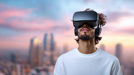 Exploring virtual reality with headset in futuristic cityscape