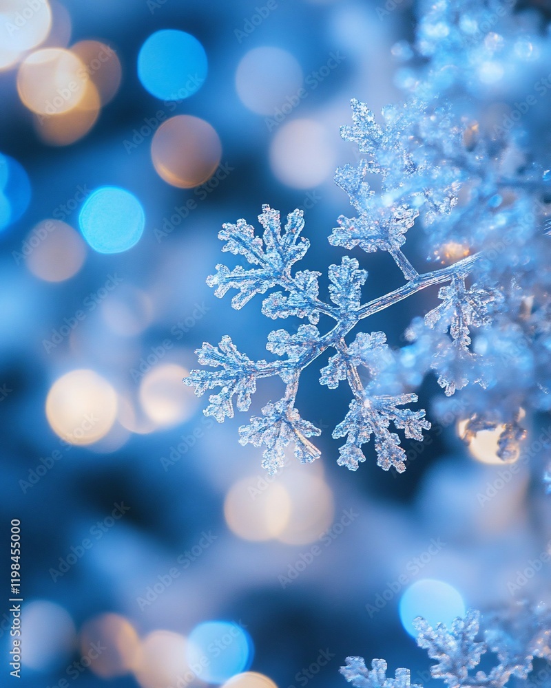 Poster close-up of a frosted snowflake ornament against a bokeh background.