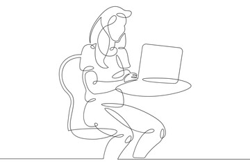 Young woman sits working at a laptop computer. The designer manager works on the Internet. One continuous drawing line, logo single hand drawn art doodle isolated minimal illustration.