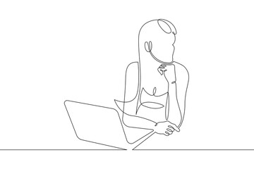 Young woman sits working at a laptop computer. The designer manager works on the Internet. One continuous drawing line, logo single hand drawn art doodle isolated minimal illustration.