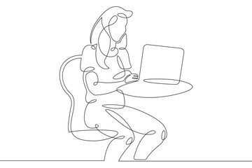 Young woman sits working at a laptop computer. The designer manager works on the Internet. One continuous drawing line, logo single hand drawn art doodle isolated minimal illustration.