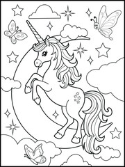 Black and white printable Unicorn coloring pages for kids. Children's coloring books with cute unicorn cartoon character, fun and educational materials for kindergarten.
