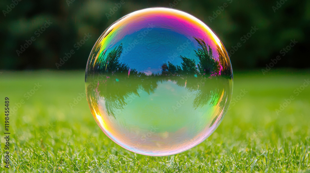 Poster close-up view of large soap bubble reflecting vibrant colors and nature background