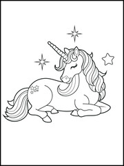 Black and white printable Unicorn coloring pages for kids. Children's coloring books with cute unicorn cartoon character, fun and educational materials for kindergarten.
