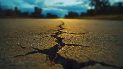 Close-Up View of Damaged Asphalt Featuring Multiple Cracks Under Soft Evening Light