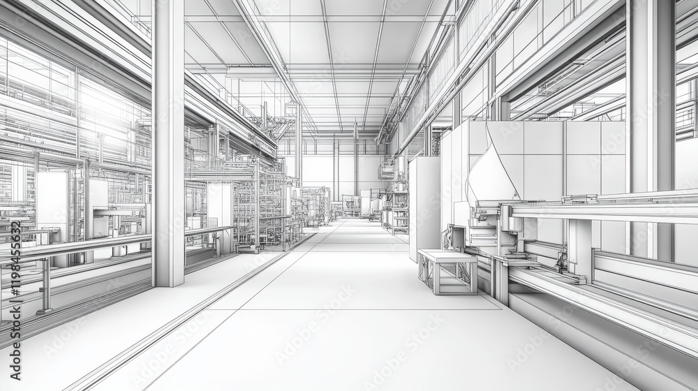 Wall mural Interior perspective of a modern industrial facility with open spaces and structured design elements.