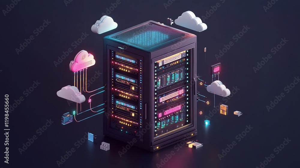 Aufkleber isometric illustration of a server rack with cloud computing elements.