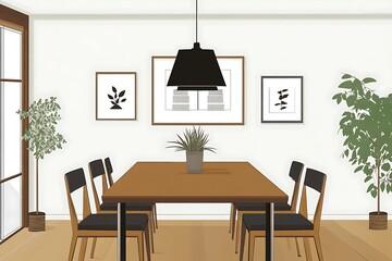 Minimalist Dining Room with Square Table, Black Accents, and Greenery