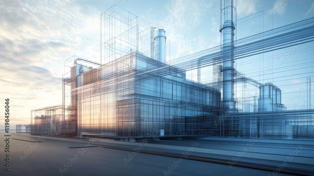 Poster a futuristic industrial building rendered in a wireframe style, showcasing complex structures agains