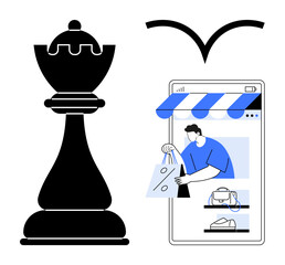 Chess king piece representing strategy next to a mobile phone screen depicting online shopping. Ideal for strategy, e-commerce, decision-making, retail, technology integration, planning, efficiency