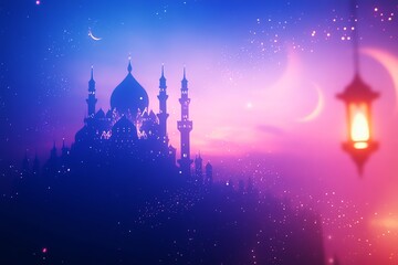 Fototapeta premium Majestic 3D mosque silhouette with glowing lantern against a navy-to-lavender gradient, perfect for Ramadhan/Eid greetings. Sparkles & light rays add elegance.